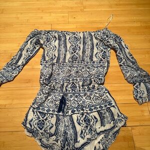 Surf Gypsy Blue and White Tribal Off-Shoulder Romper